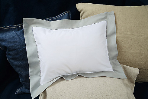 Baby Pillow Sham.White with "High Rise" Gray border.12x16 pillow